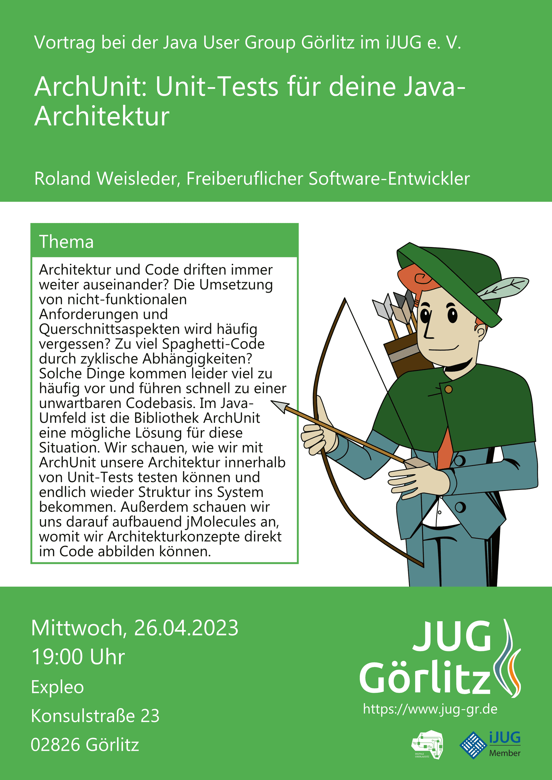 Poster: Jürgens trägt ein grünes Cape und einen Hut mit einer Feder. Er sieht aus wie Robin Hood. In den Händen hat er Pfeil und Bogen parat, am Rücken trägt er einen Köcher mit weiteren Pfeilen.
