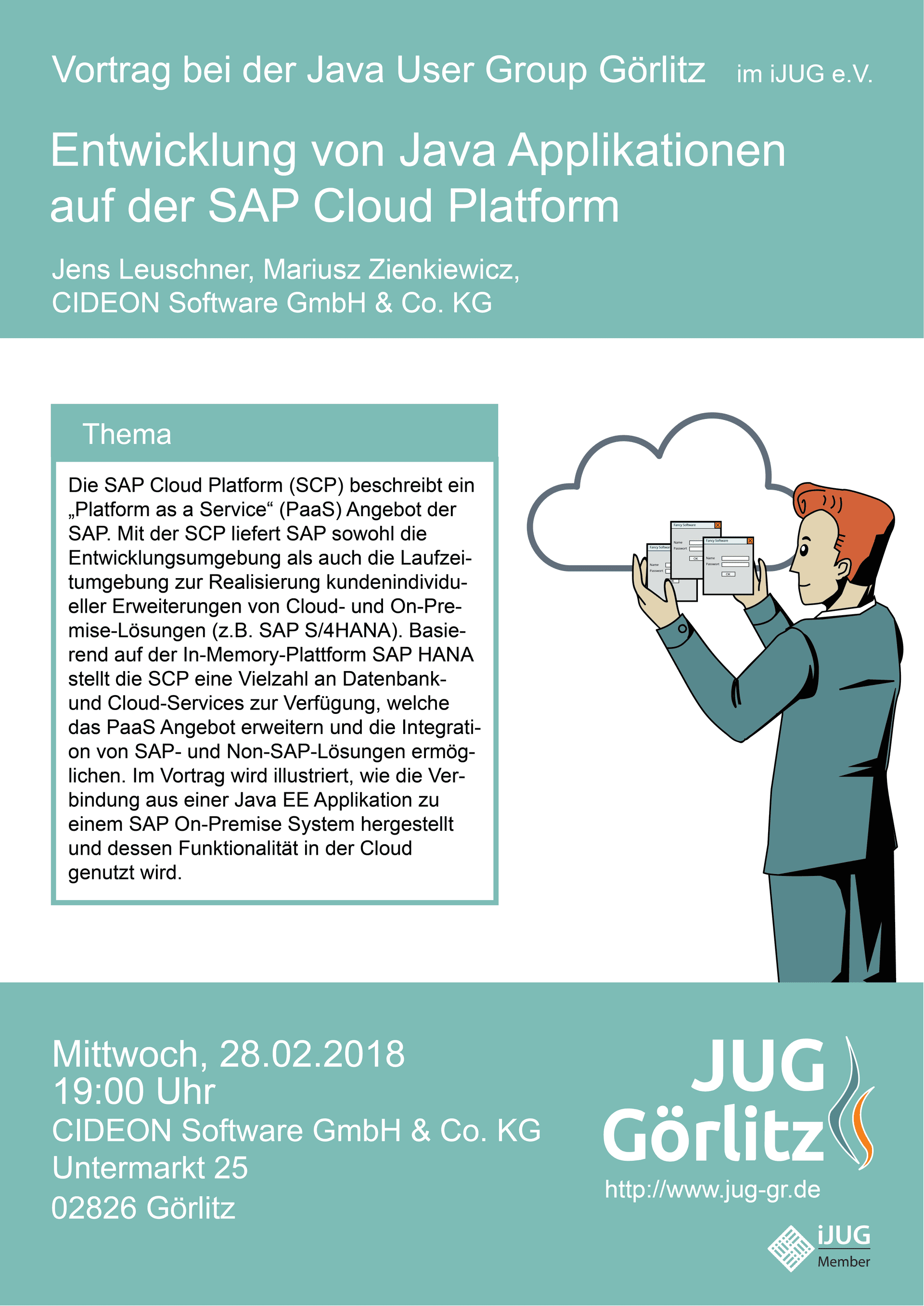 Poster: Jürgen hält einige kleine Programm-Fenster in der Hand. Er hebt die Programme in eine Wolke, die sich hinter ihm befindet. Die Wolke sieht aus wie das Cloud-Symbol.