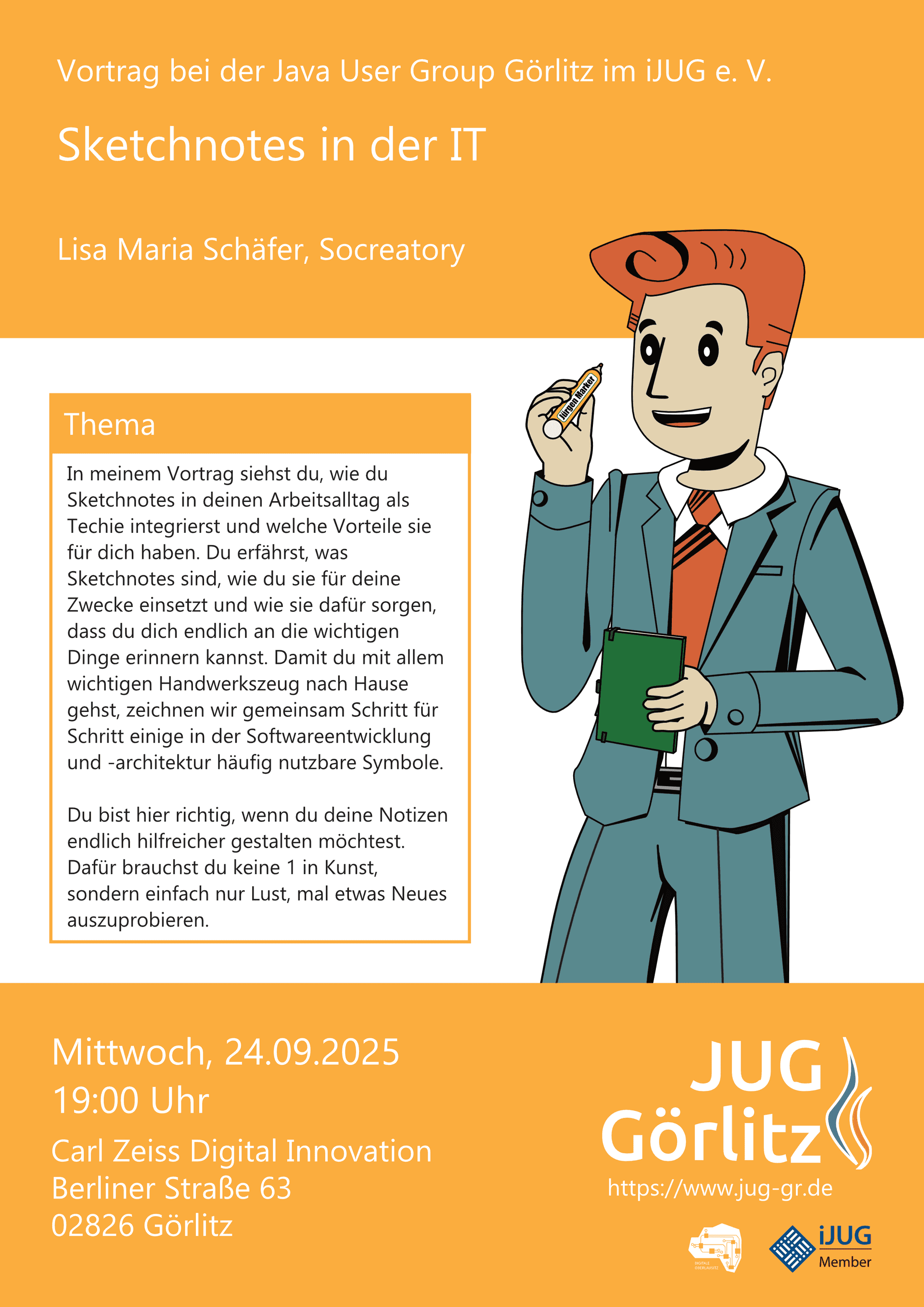 Poster: Jürgen hat einen Marker und ein Notizbuch in der Hand und freut sich. Poster: Jürgen hat einen Marker und ein Notizbuch in der Hand und freut sich.