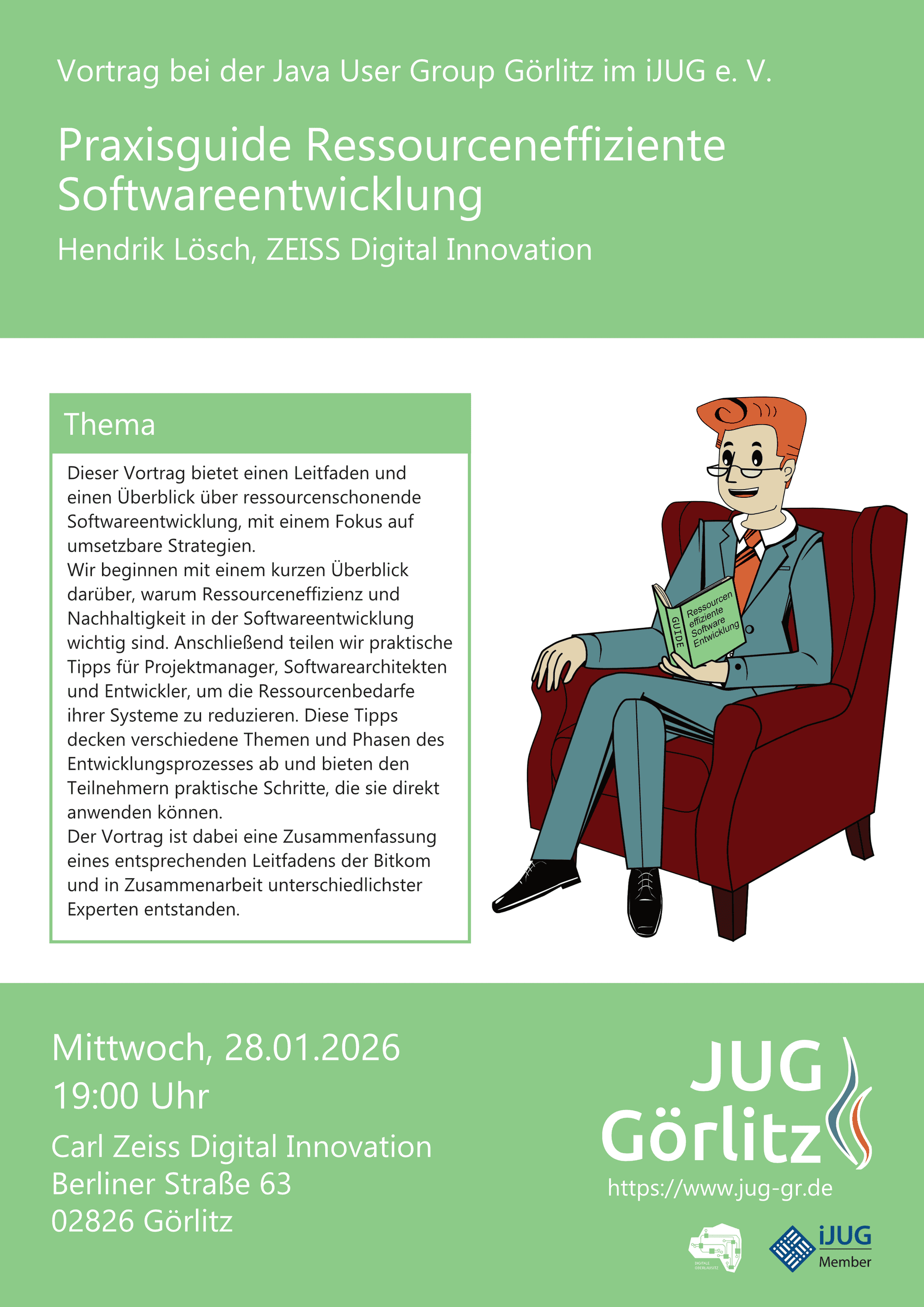 Poster: Jürgen sitzt auf einem Ohrensessel und liest ein Buch namens Ressourceneffiziente Softwareentwicklung Poster: Jürgen sitzt auf einem Ohrensessel und liest ein Buch namens Ressourceneffiziente Softwareentwicklung