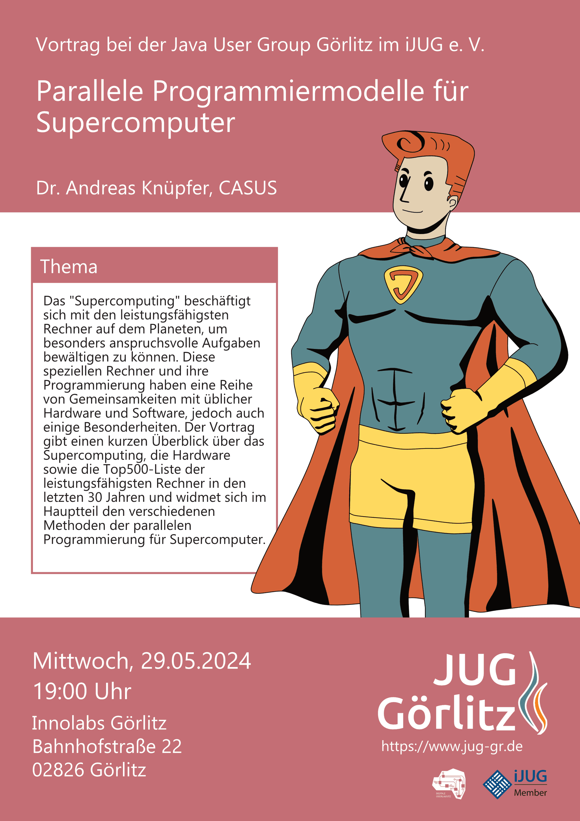 Poster: Jürgen ist gekleidet als superheld mit Handschuhen und Cape und schaut heroisch nach oben.